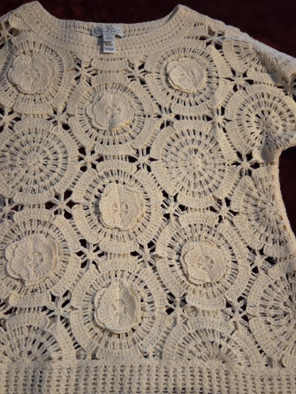 Cato Cream Crochet Flower And Circle Motif Short Sleeve Sweater - Picture 5 of 11